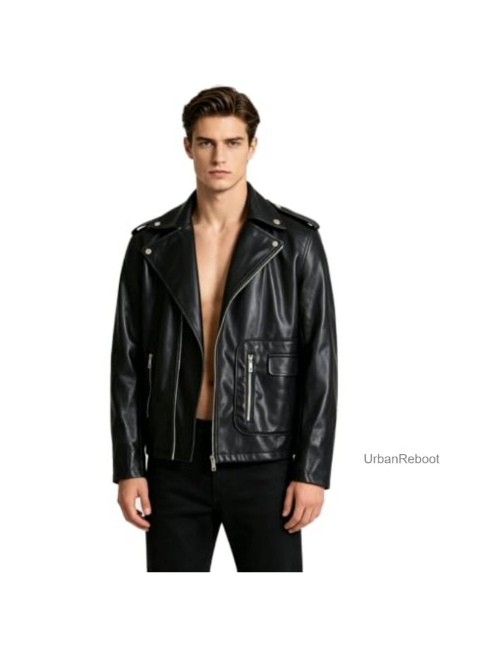 Mens Faux Leather Moto Birds Jacket Zipper Slim Fit